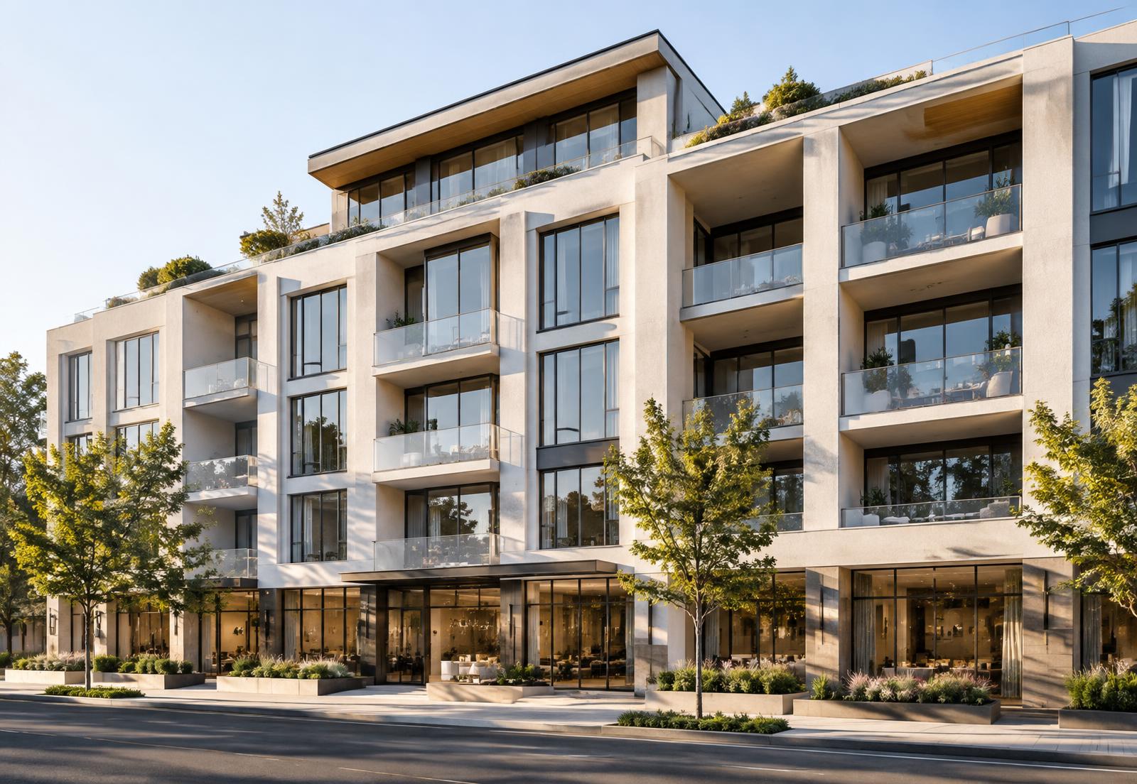 Mixed-use commercial building with cream stucco facade